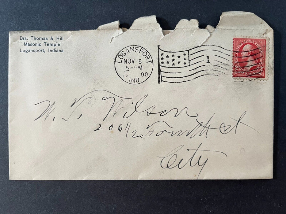 Doctors Thomas & Hill Masonic Temple Logansport Indiana City Flag Cancel Cover