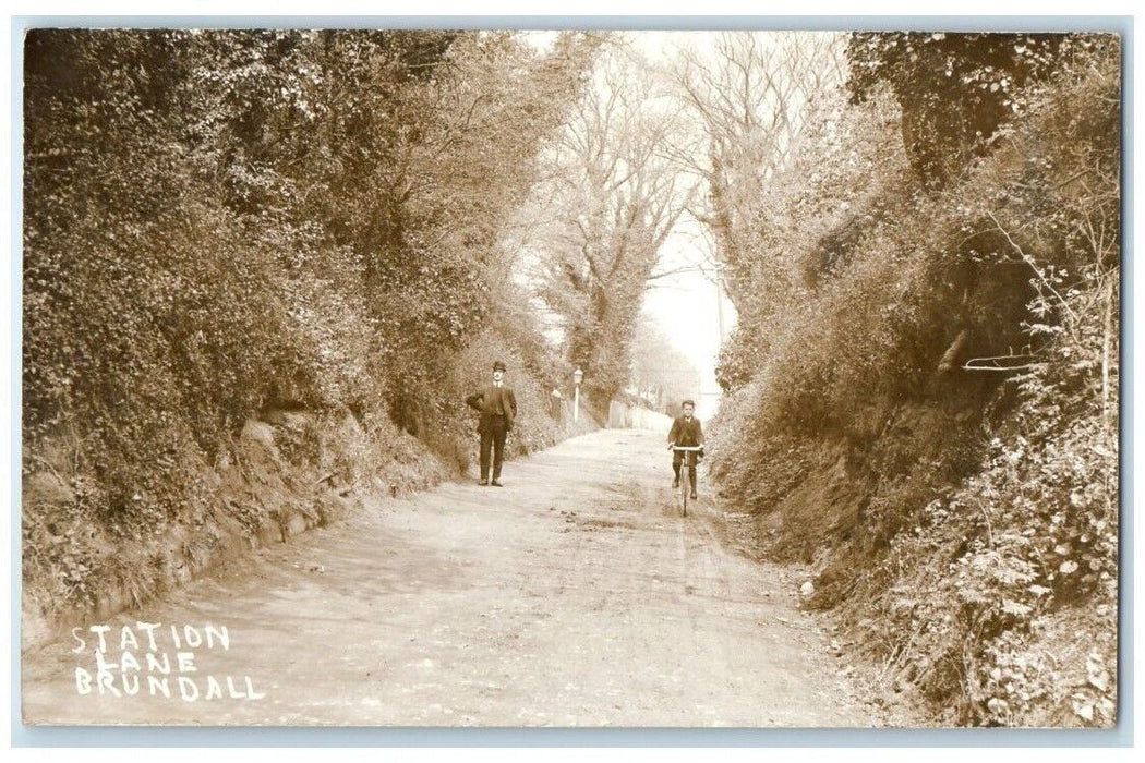 1913 Station Lane Boy Bicycle Norfolk Brundall England RPPC Photo Postcard