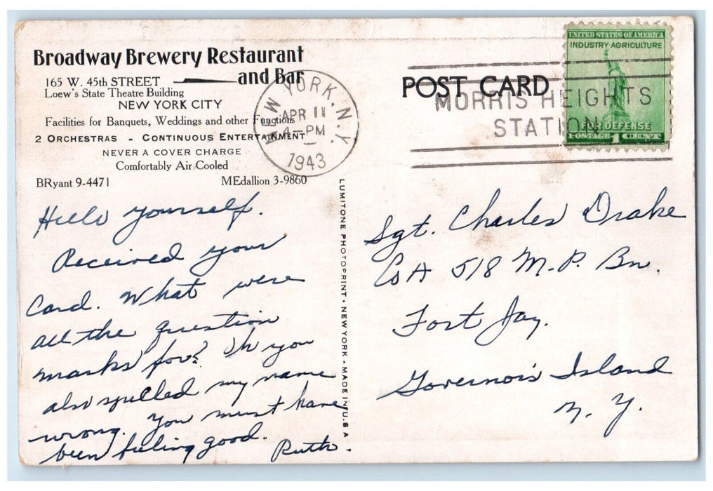 1943 Broadway Brewery Restaurant Dining Room Bar New York City New York Postcard