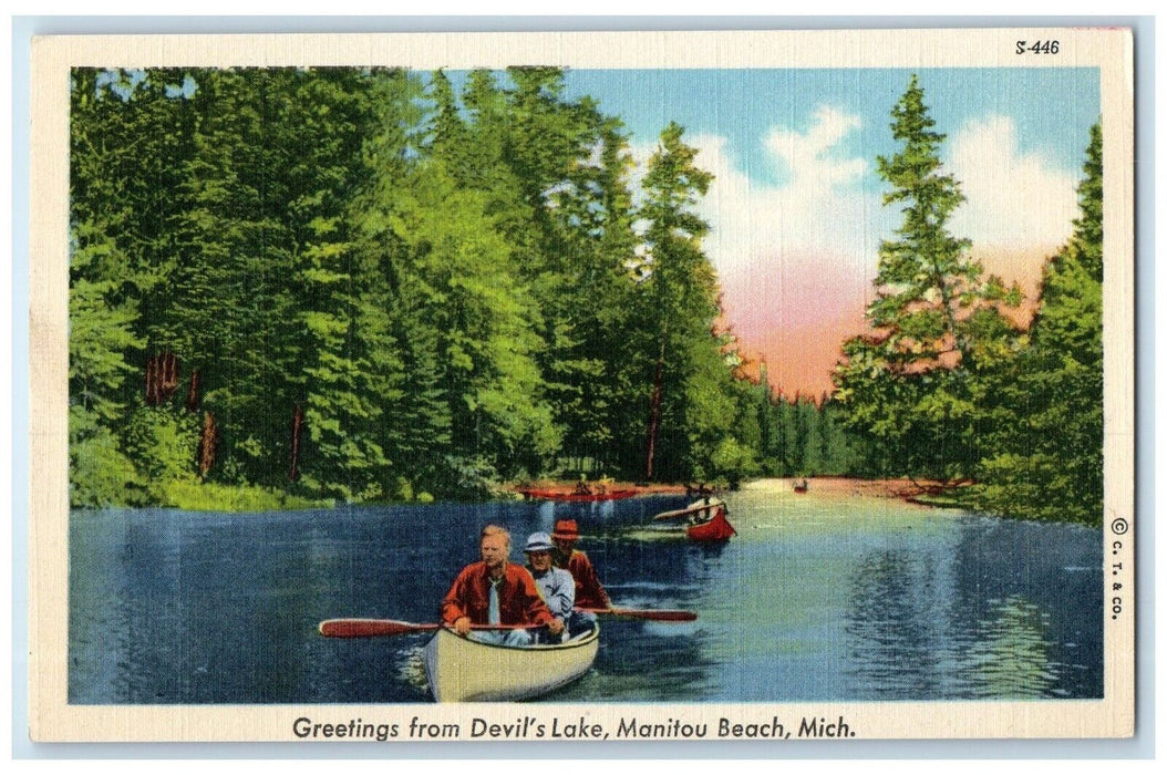 c1940 Greetings From Devil's Lake Paddle Boat Manitou Beach Michigan MI Postcard