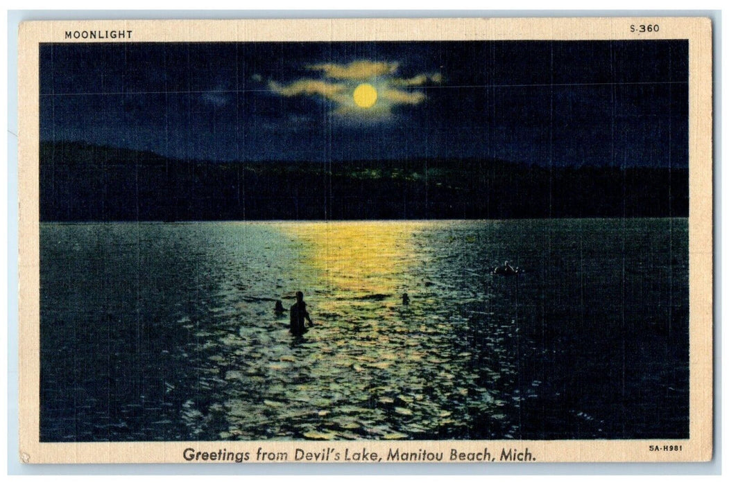 1941 Greetings From Devil's Lake Moon Night Manitou Beach Michigan MI Postcard