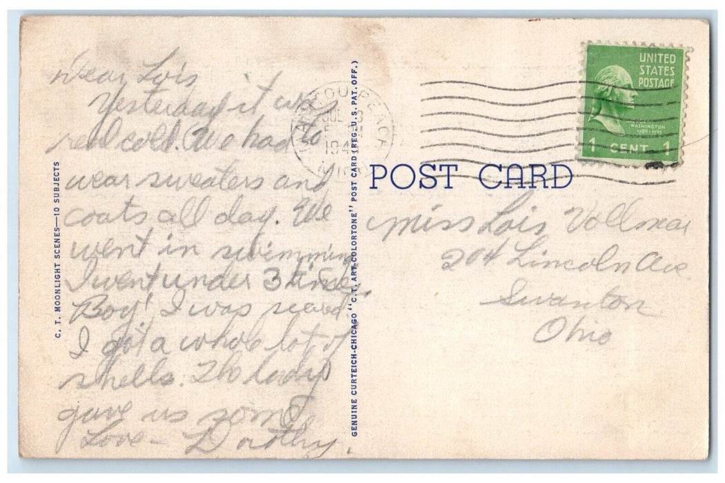 1941 Greetings From Devil's Lake Moon Night Manitou Beach Michigan MI Postcard