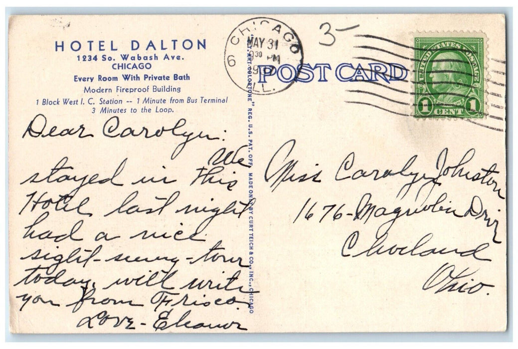 1937 Our Lobby Homelike Hotel Dalton Wabash Avenue Chicago Illinois IL Postcard