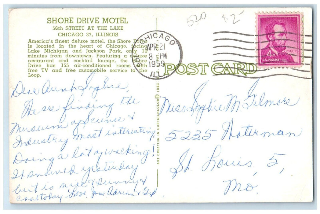 1959 Shore Drive Motel Street Lake Exterior Building Chicago Illinois Postcard