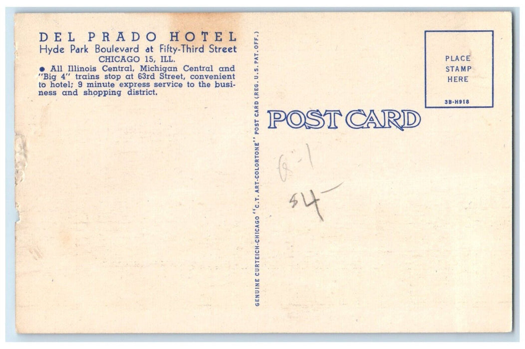c1940 Del Prado Hotel Hyde Park Boulevard Exterior Chicago Illinois IL Postcard