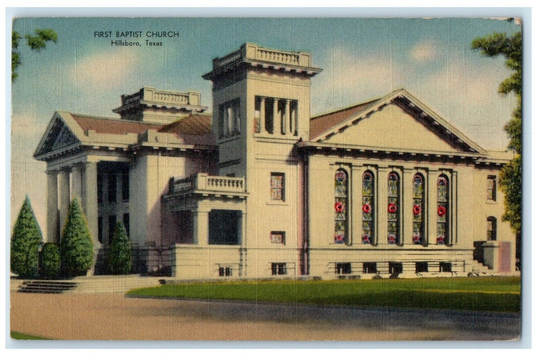 1946 Exterior View First Baptist Church Building Hillsboro Texas Linen  Postcard