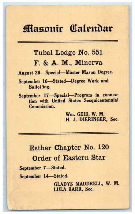 1937 Masonic Calendar F & AM Minerva Ohio OH Tubal Lodge 551 Postal Card