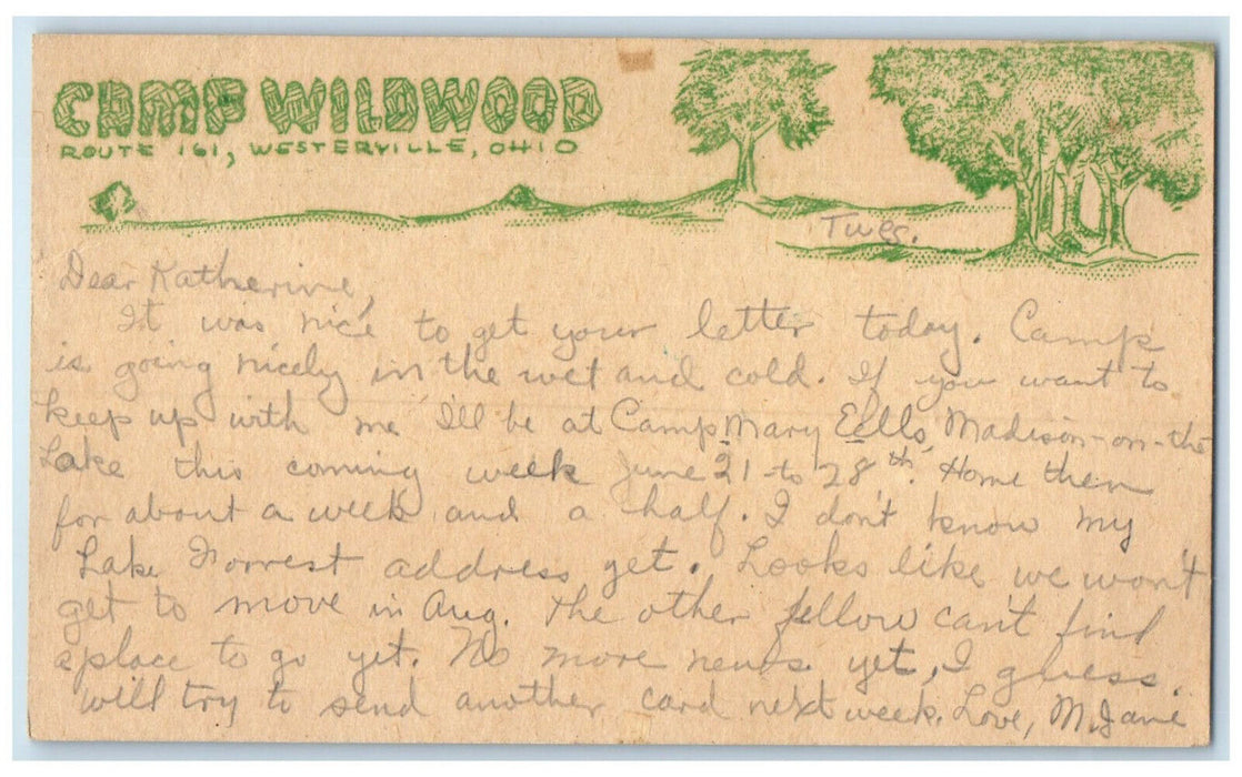 1942 Letter to Ms. Katherine Camp Wildwood Westerville Ohio OH Postal Card