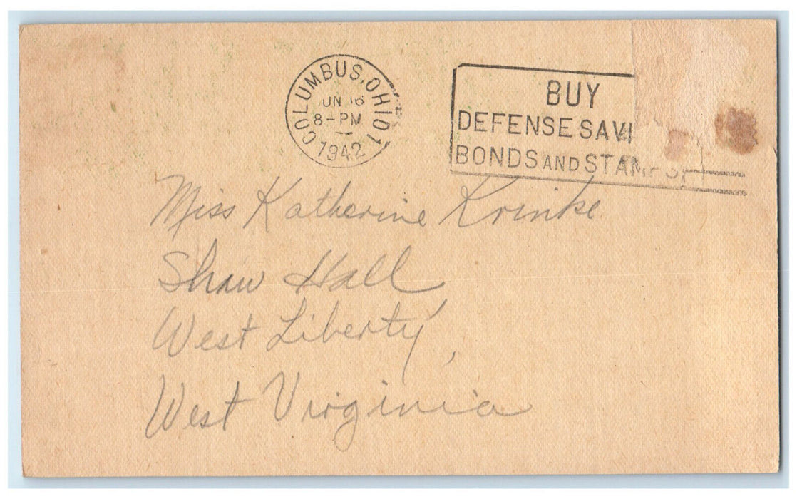 1942 Letter to Ms. Katherine Camp Wildwood Westerville Ohio OH Postal Card