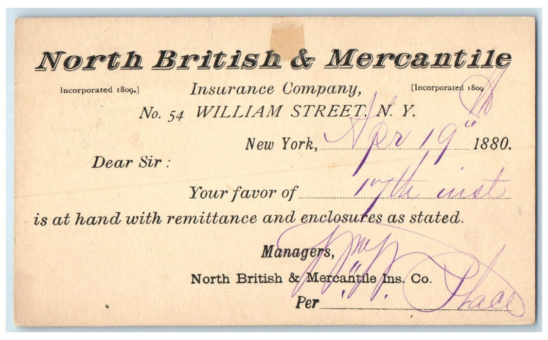 1880 North British & Mercantile Insurance Co. New York City NY Postal Card