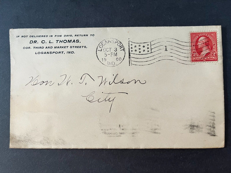 1900 Doctor CL Thomas Logansport Indiana City Flag Cancel 2 Cent Cover
