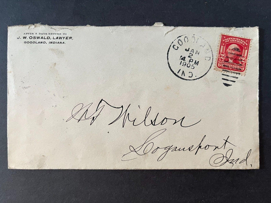 1905 JW Oswald Lawyer Goodland Indiana To Logansport Duplex Cancel 2 Cent Cover