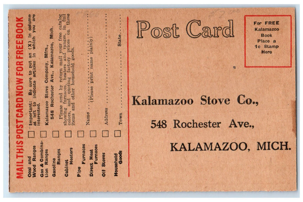 c1930's Kalamazoo Factory Prices Kalamazoo Stove Co. Michigan MI Postal Card