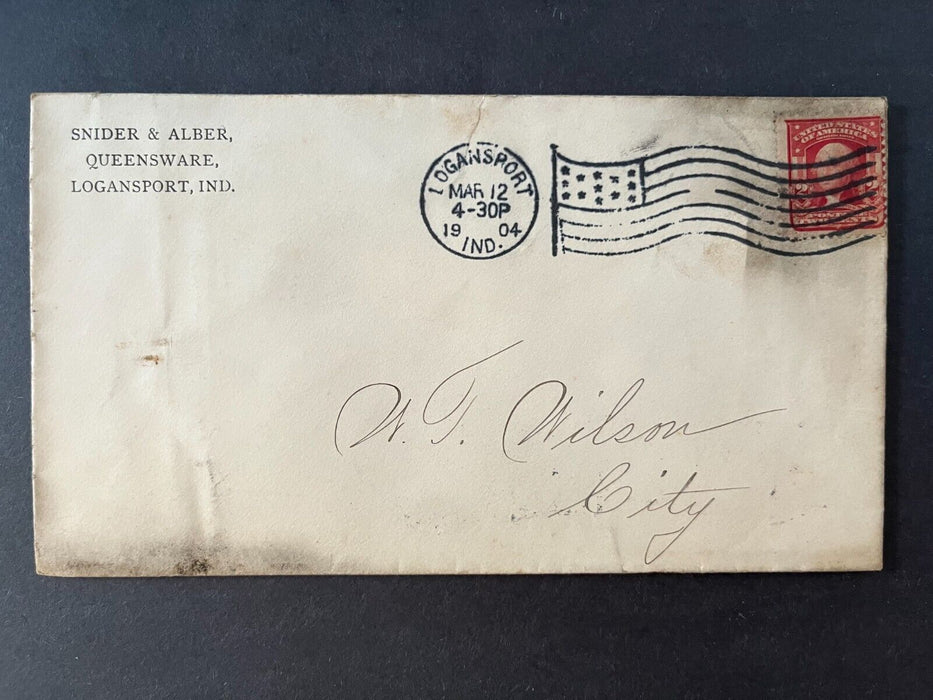 1904 Snider & Alber Queensware Logansport Indiana City Flag Cancel 2 Cent Cover