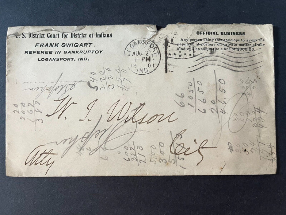 Frank Swigart Referee In Bankcruptcy Logansport Indiana Flag Cancel Cover