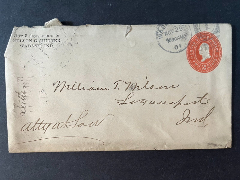 1901 Nelson G. Hunter Wabash Indiana To Logansport Duplex Cancel 2 Cent Cover