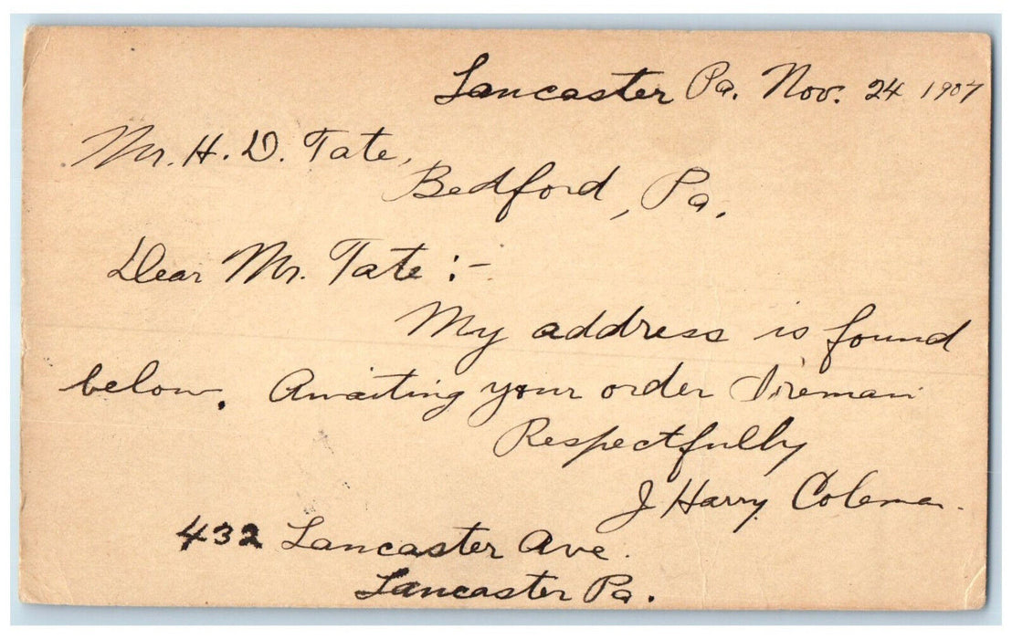 1907 MR H D Tate Lancaster Pennsylvania PA Everett PA Antique Postal Card