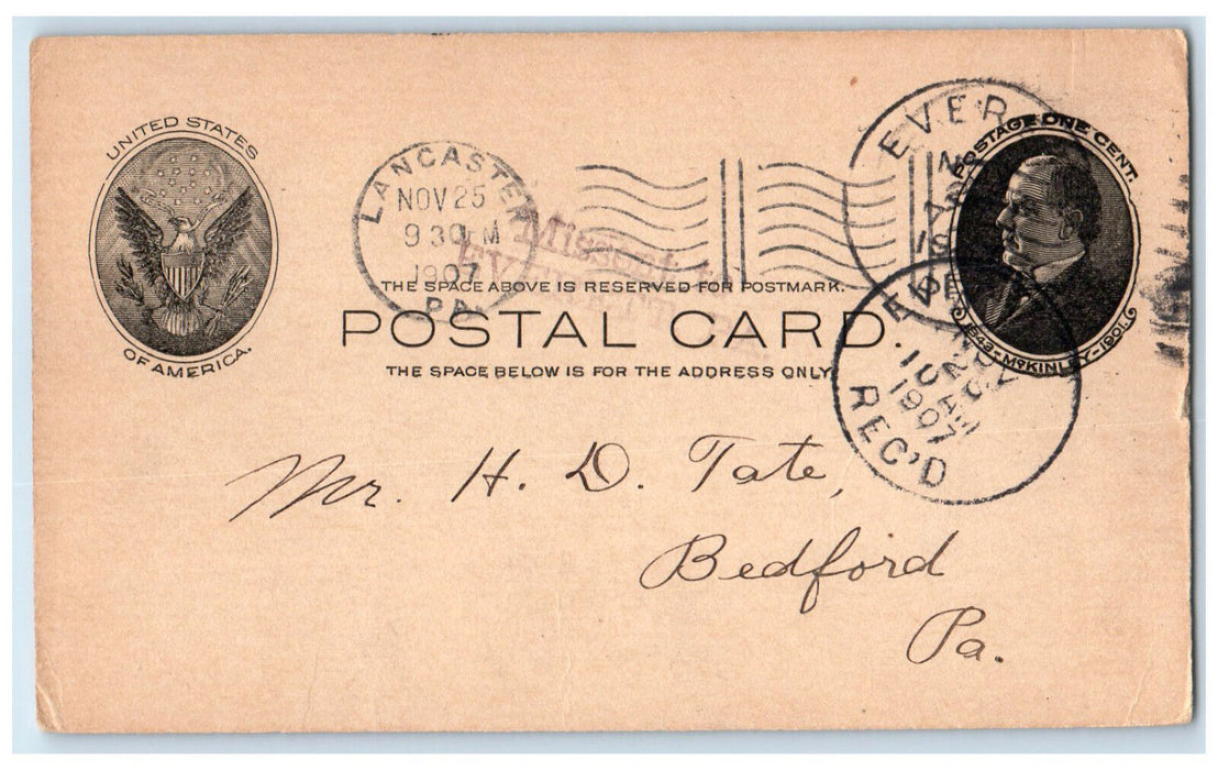 1907 MR H D Tate Lancaster Pennsylvania PA Everett PA Antique Postal Card