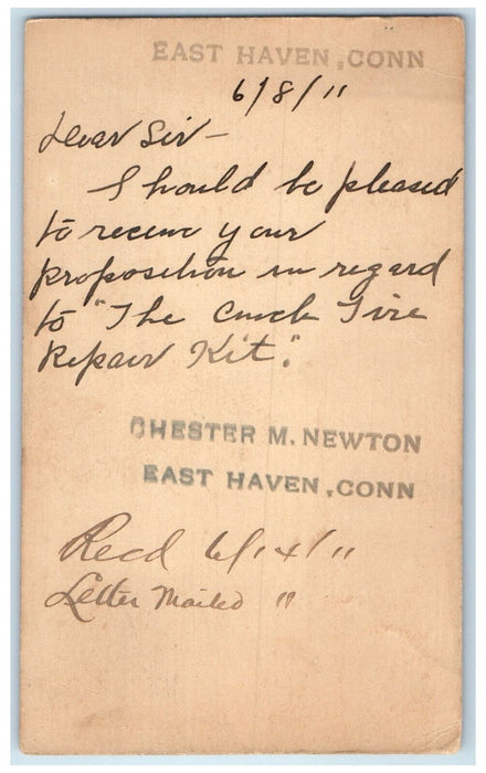 1911 Tire Repair Kit East Haven Connecticut CT Lime Rock CT Postal Card