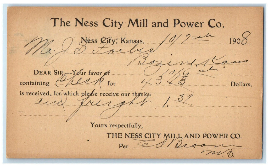 1908 The Ness City Mill and Power Co. Kansas KS Antique Posted Postal Card