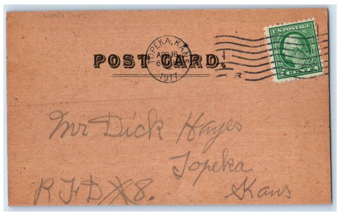 1917 Horse Livery No. 2933 Imported Percheron Stallion Topeka KS Postal Card