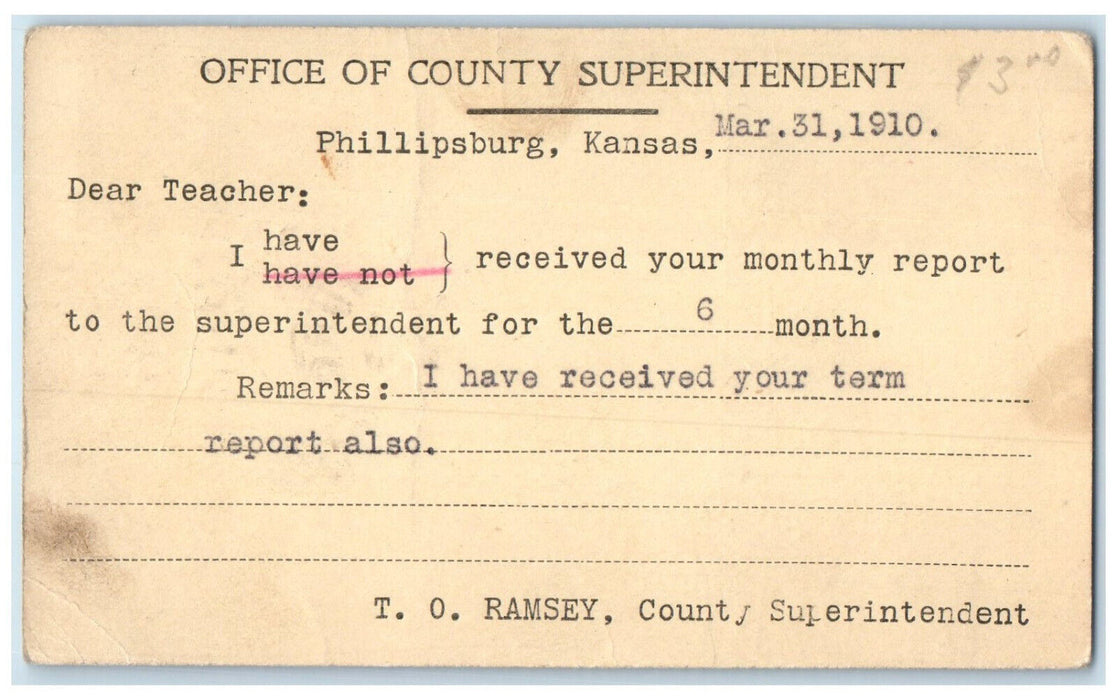 1910 Office of County Superintendent Phillipsburg Kansas KS Postal Card