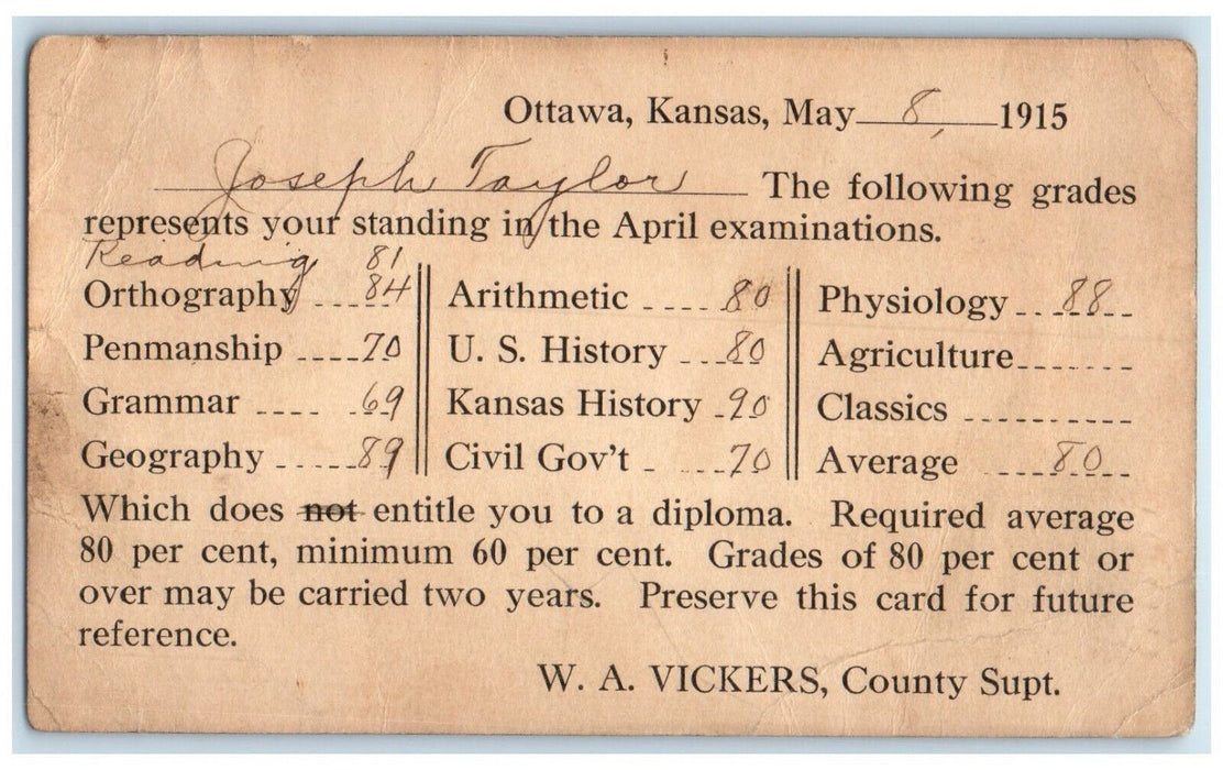 1915 Grade Card of Mr. Joseph Taylor Ottawa Kansas KS Antique Postal Card