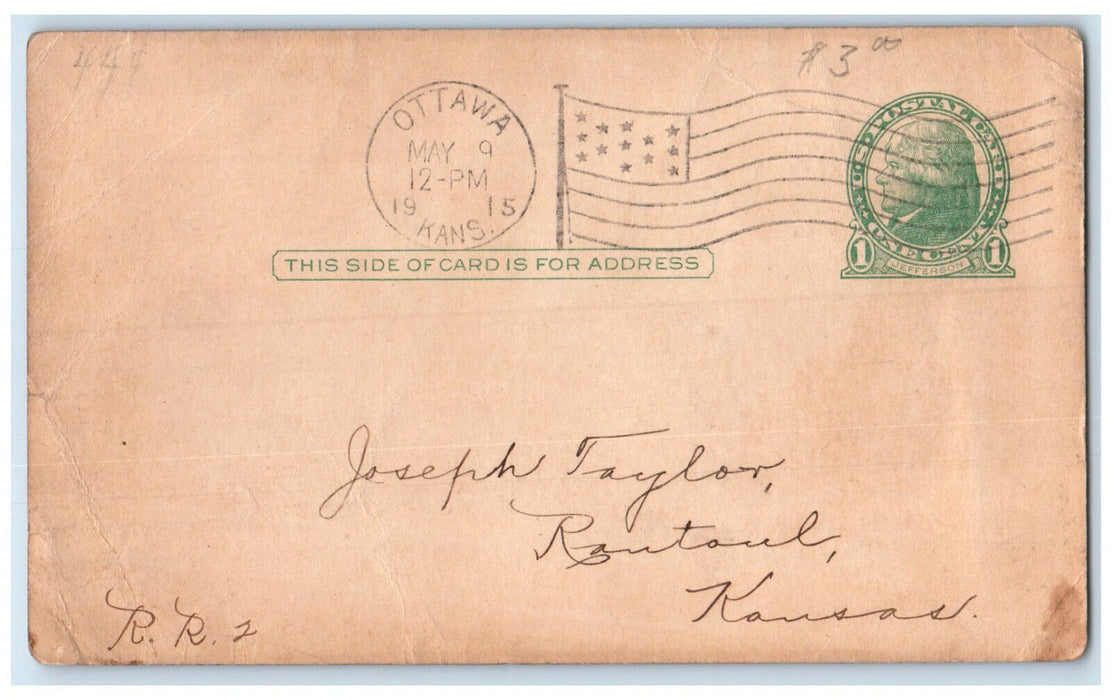 1915 Grade Card of Mr. Joseph Taylor Ottawa Kansas KS Antique Postal Card