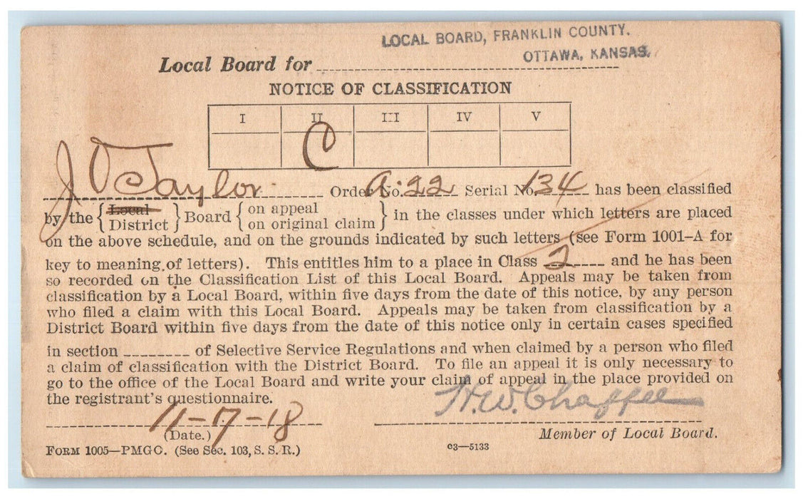 1918 J Taylor Local Board Franklin County Ottawa Kansas KS Postal Card
