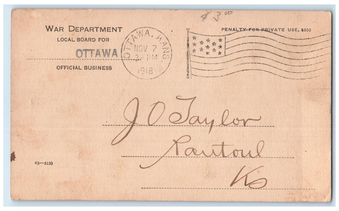 1918 J Taylor Local Board Franklin County Ottawa Kansas KS Postal Card