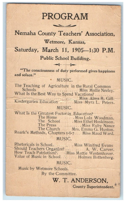 1905 Nemaha County Teachers Association Wetmore Kansas KS Postal Card