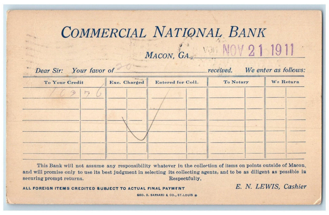 1911 Commercial National Bank Macon Georgia GA Savannah GA Postal Card