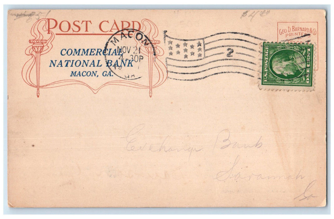 1911 Commercial National Bank Macon Georgia GA Savannah GA Postal Card