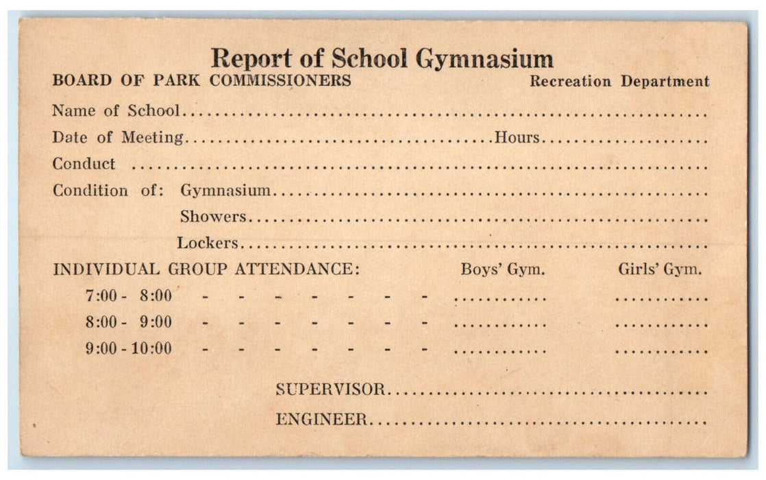c1930's Report of School Gymnasium Board of Park Commissioners MN Postal Card