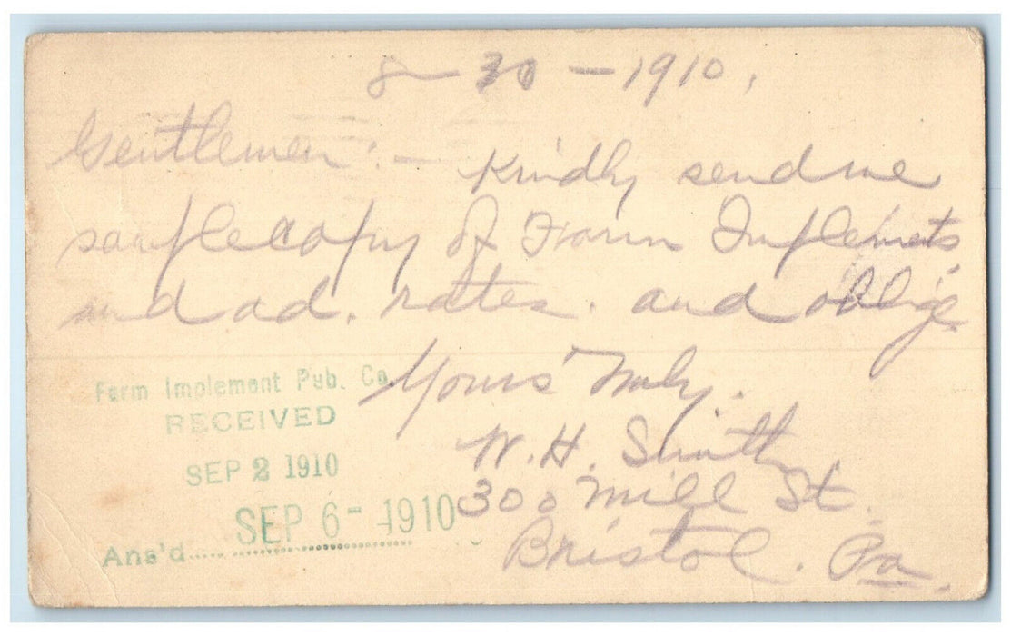 1910 Farm Implement Pub. Co. Rates and Oblige Bristol PA Postal Card