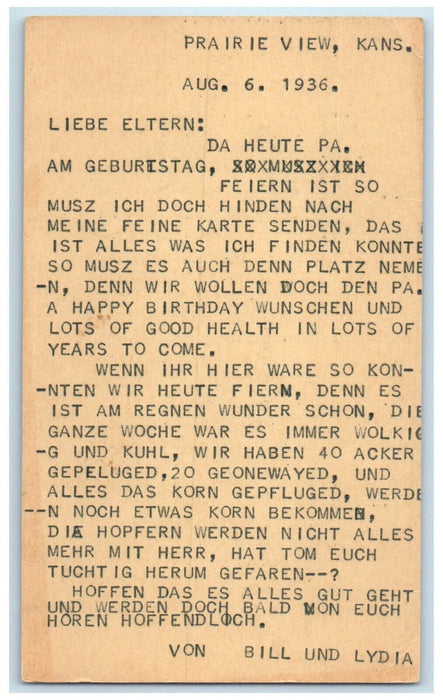 1936 Letter to Parents Birthday Wishes Prairie View Kansas KS Postal Card