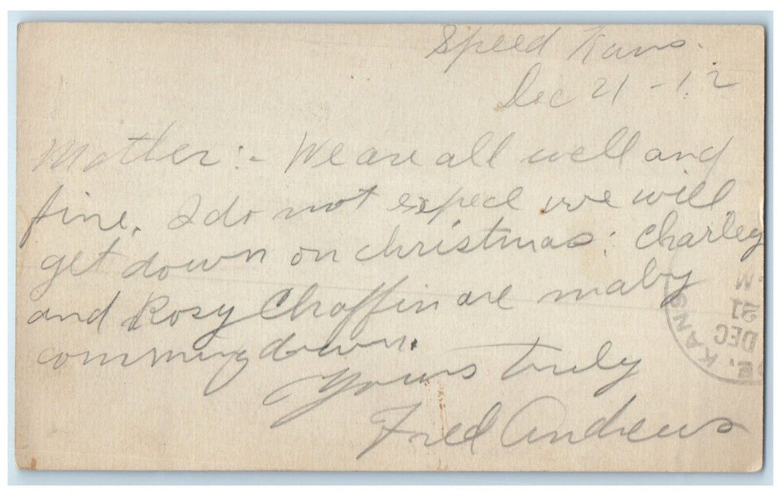 1912 Letter to Mother Christmas Speed Kansas KS Antique Postal Card