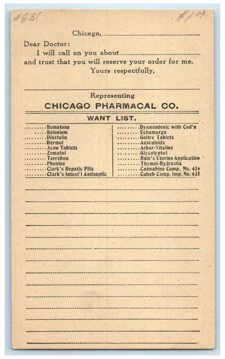 c1940's Chicago Pharmacal Co. Want List Chicago Illinois IL Postal Card