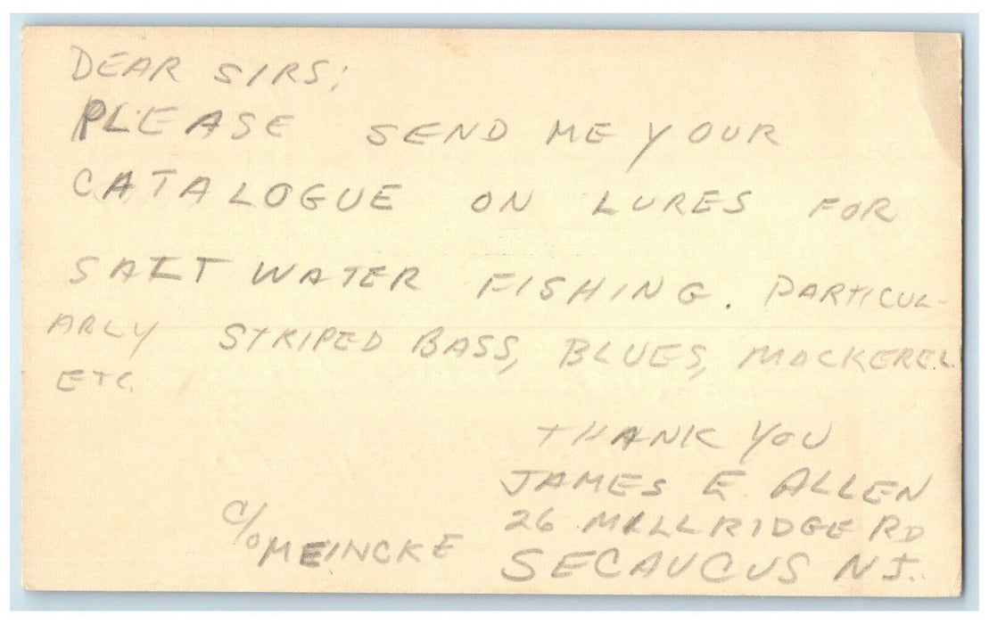 1952 James E Allen Secaucus New Jersey NJ East Paterson NJ Postal Card