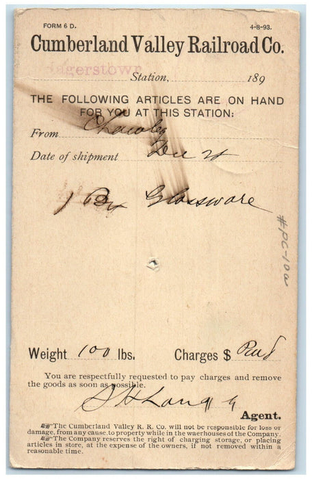 1896 Cumberland Valley Railroad Co. Hagerstown Maryland MD Postal Card