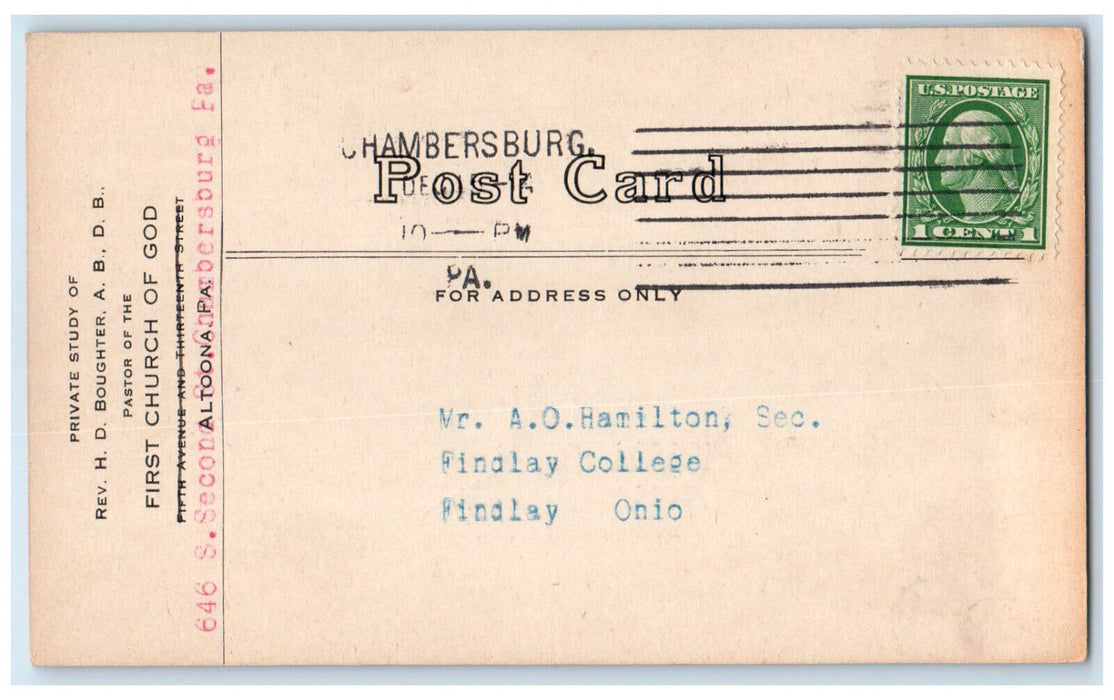 1914 First Church of God Pastor Rev HD Boughter Chambersburg PA Postal Card