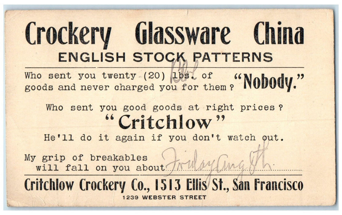 1908 Crockery Glassware China San Francisco California CA Postal Card
