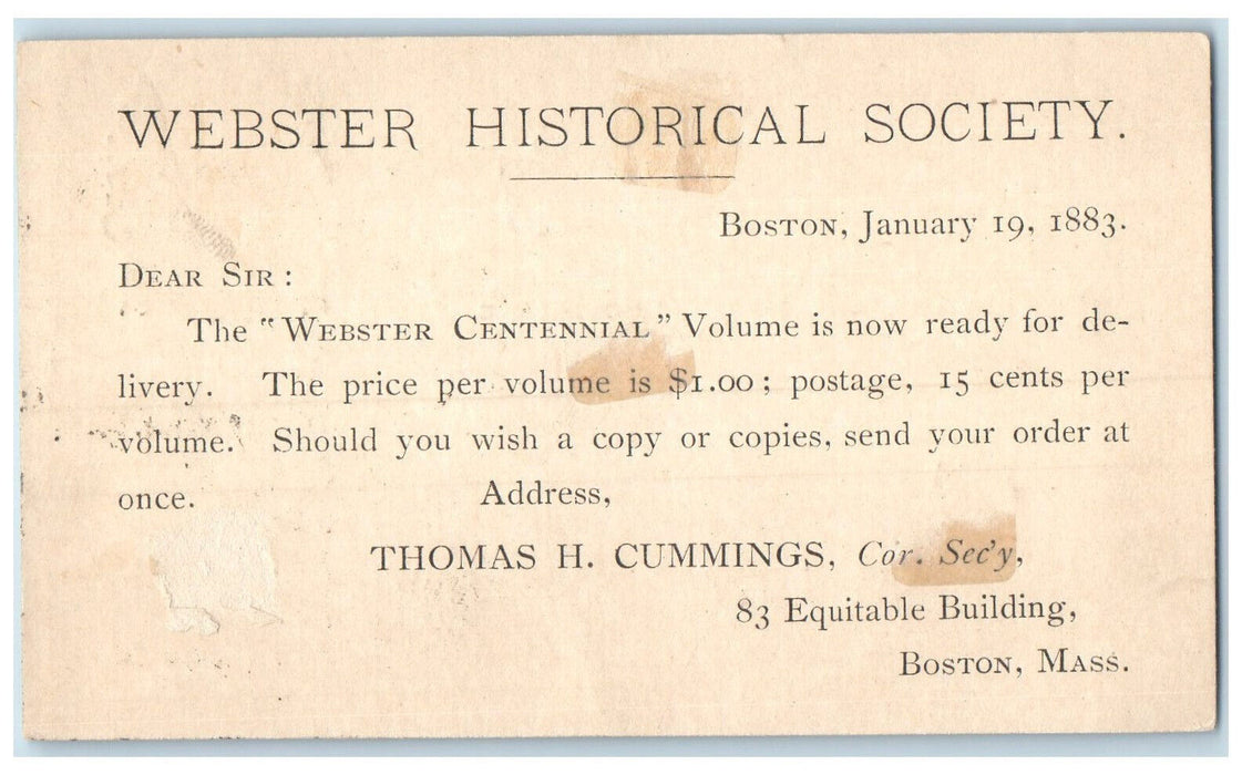 1883 Webster Historical Society Boston Massachusetts MA Antique Postal Card