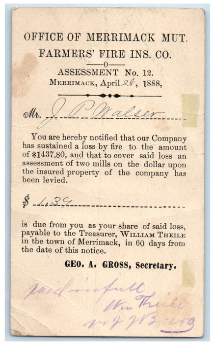 1888 Office of Merrimack Mut. Farmers Fire Ins Co. NH Antique Postal Card