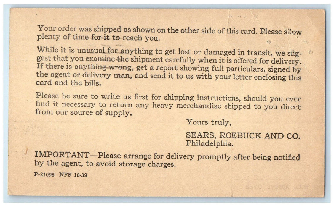 1941 Order Shipped Sears Roebuck and Co. Philadelphia PA Postal Card