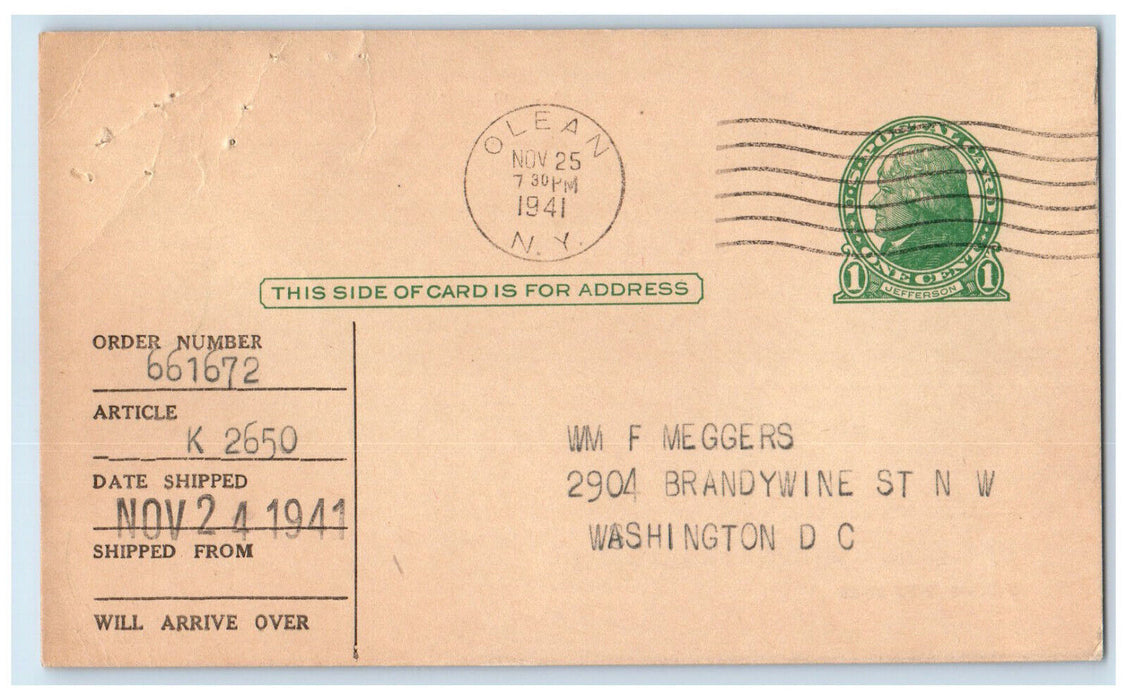 1941 Order Shipped Sears Roebuck and Co. Philadelphia PA Postal Card