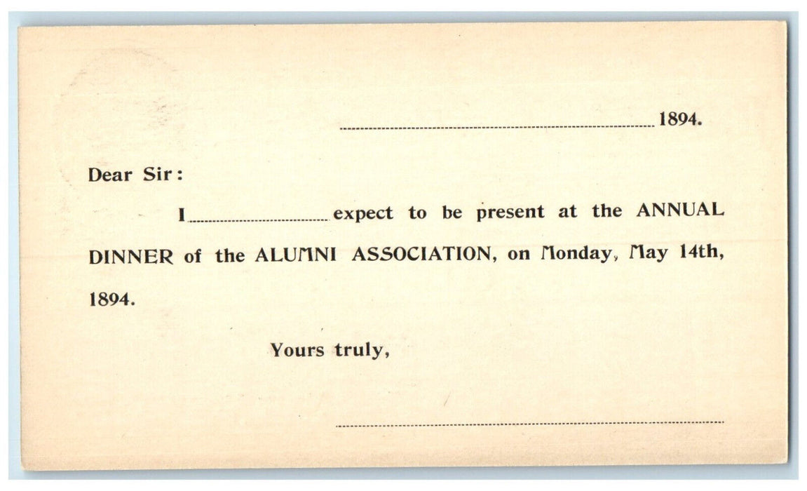 1894 Annual Dinner of Alumni Association New Yok City NY Postal Card