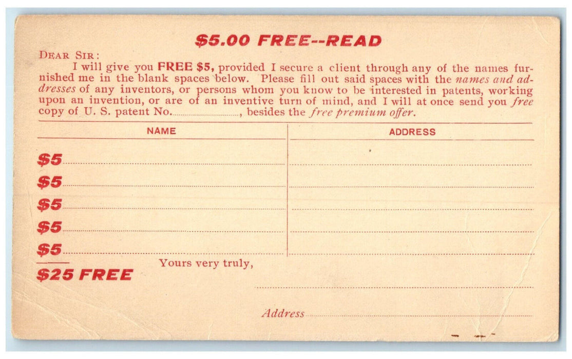 c1950's $5.00 Free Read Edwin Vrooman Patent Lawyer Washington DC Postal Card
