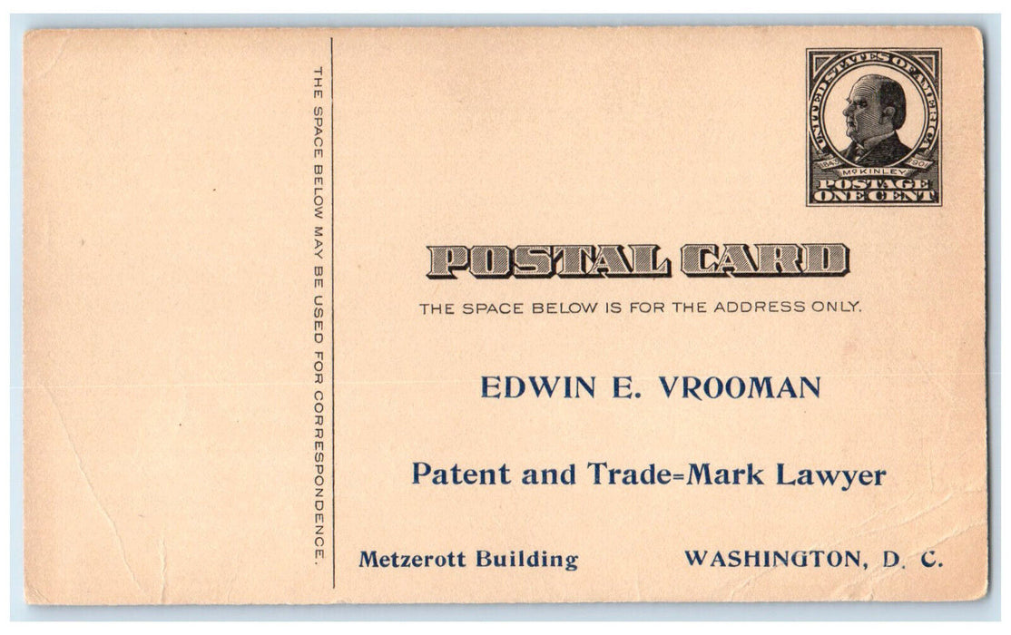 c1950's $5.00 Free Read Edwin Vrooman Patent Lawyer Washington DC Postal Card