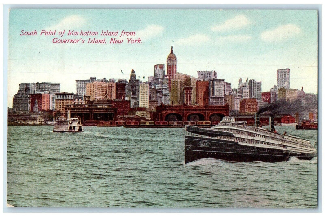 c1910 Steamer South Point Manhattan Island Governor Island New York NY Postcard